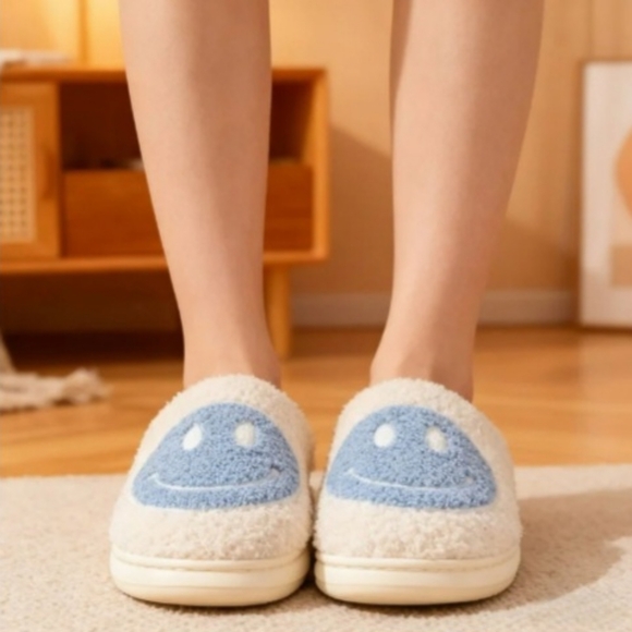 Cozy Ivory and Blue Smiley Face Slippers - Picture 2 of 8